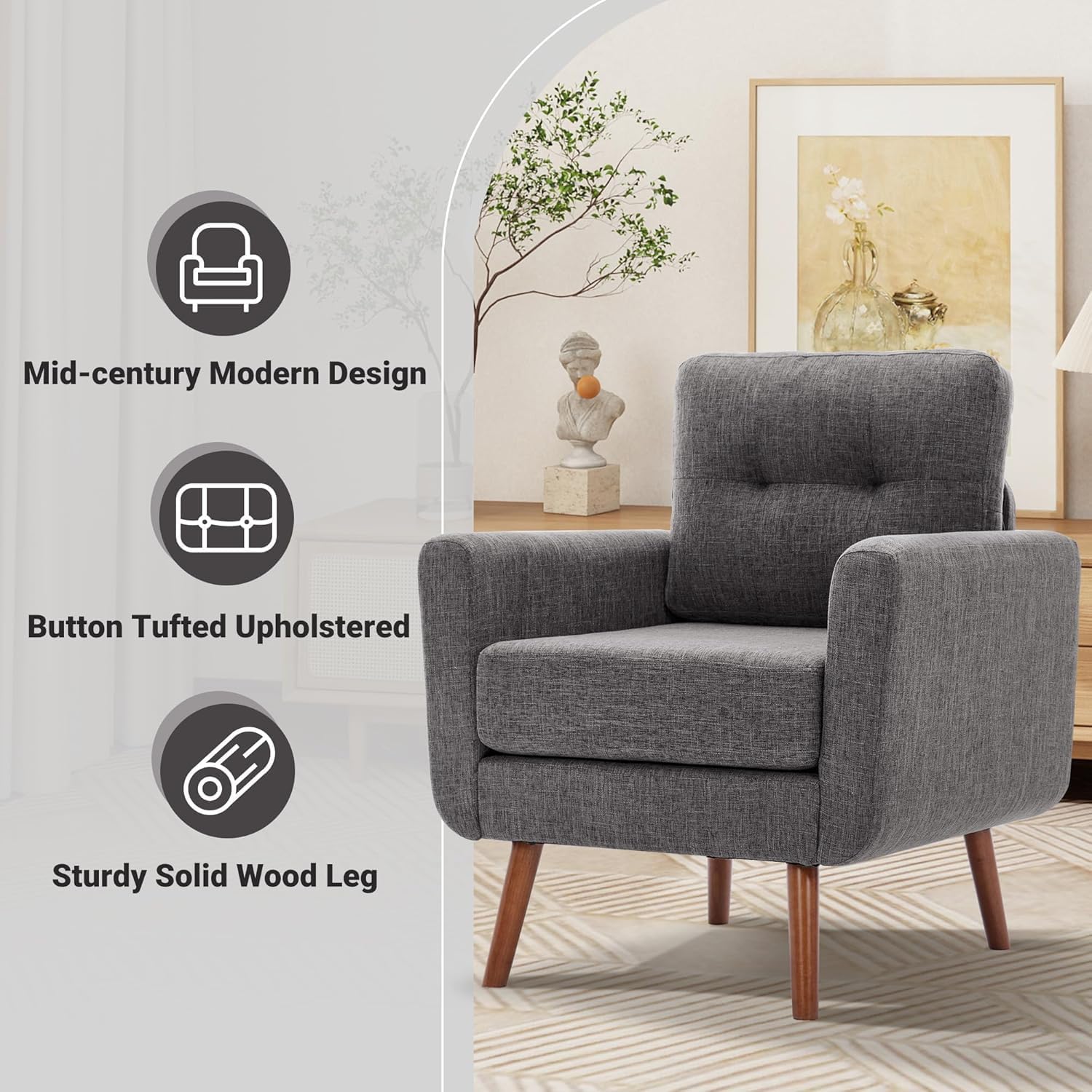 Tbfit Accent Chair, Reading Chair for Living Room & Bedroom, Mid Century Modern Arm Chair, Button Tufted Upholstered Accent Chairs Sofa with Solid Wood Frame, Grey