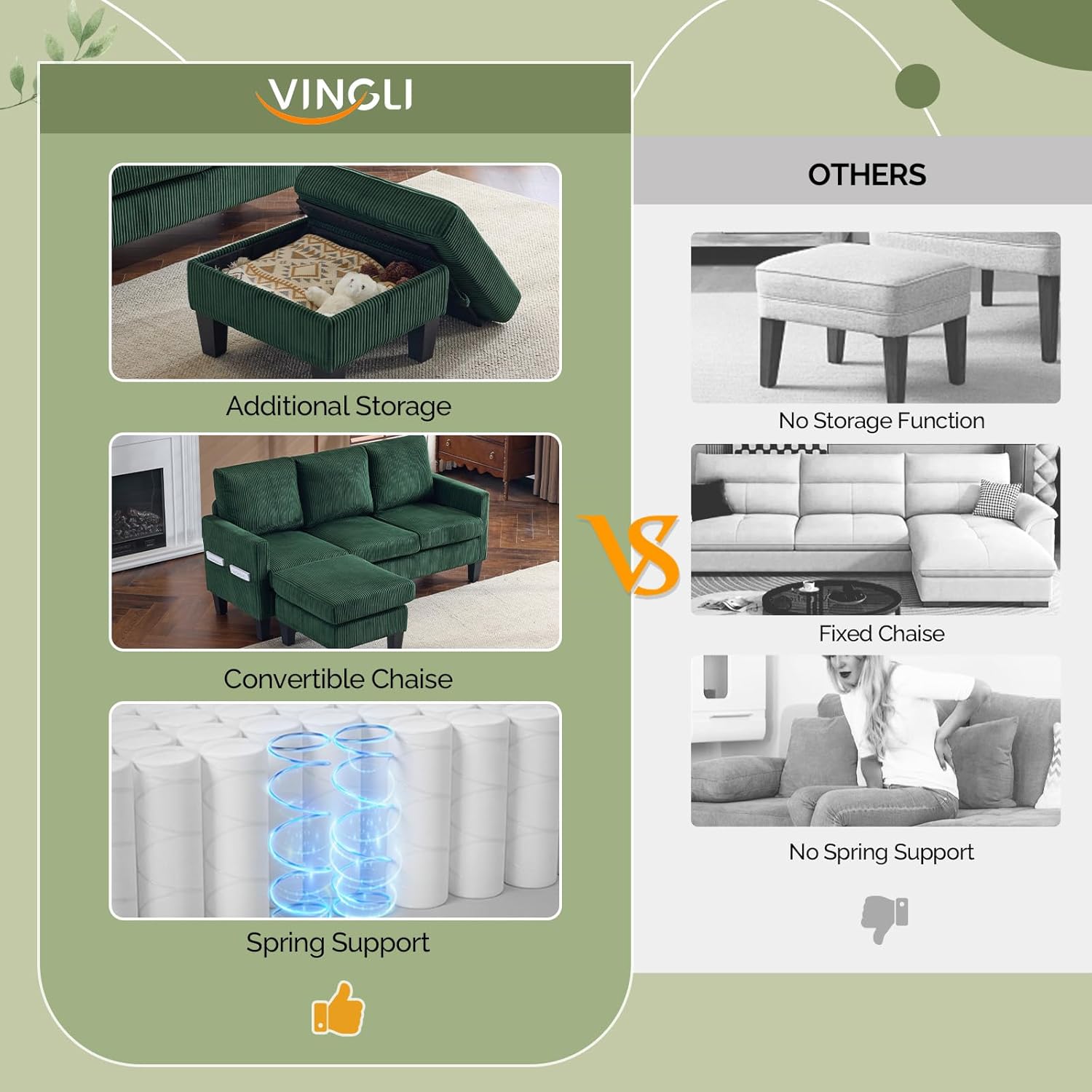 VINGLI 68.5' L Shaped Couch with Movable Storage Ottoman, Convertible Sectional Sofa in Soft Corduroy Fabric, Modern Reversible Chaise Couch for Small Spaces, Apartment, Living Room，Dark Green