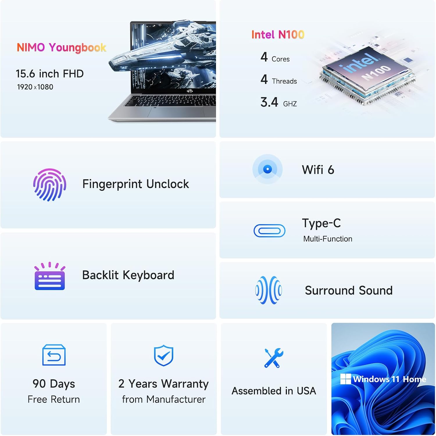 NIMO 15.6' IPS FHD-Student-Laptop, Intel Pentium Quad Core N100 16GB RAM 512GB SSD (Beat i3-1115G4, Up to 3.4GHz) Computer with Backlit Keyboard Fingerprint GaN Type C WiFi 6 BT5.2 Win 11