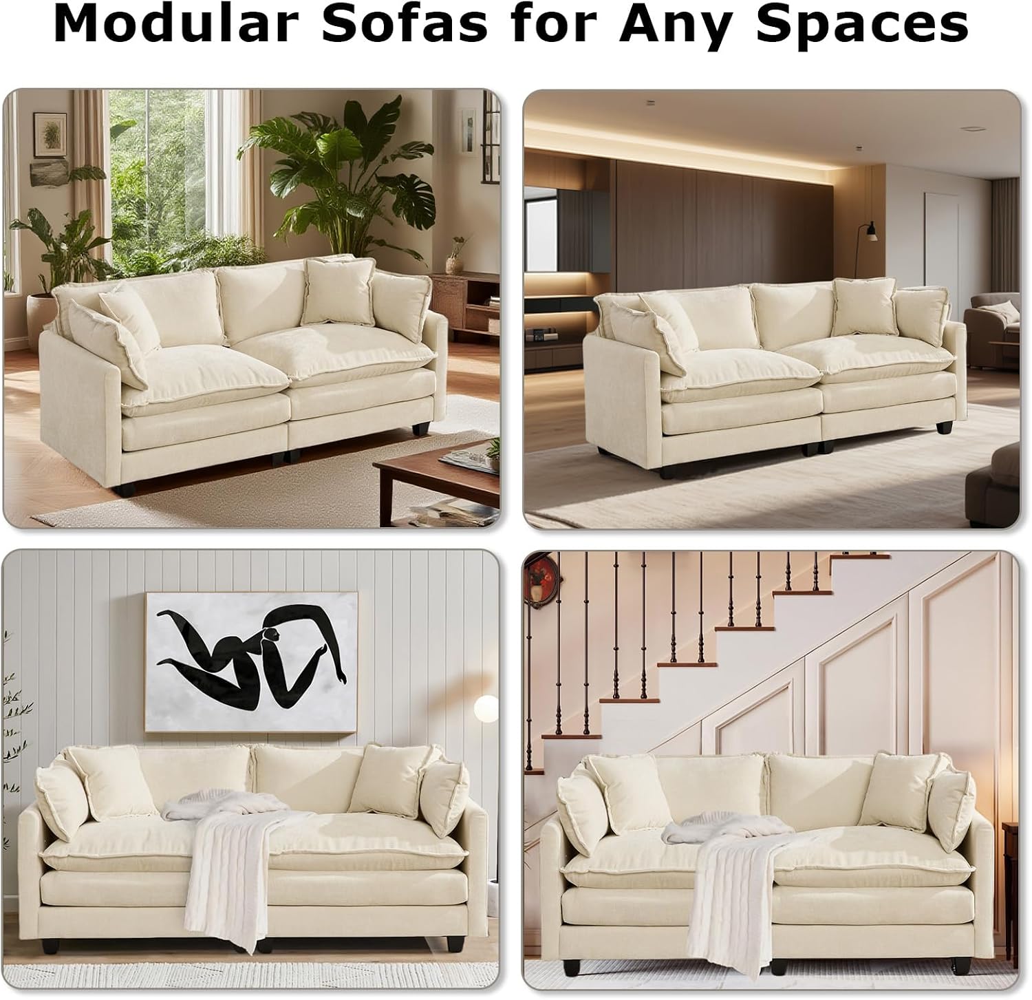 SoarFlash 113.78' Chenille Sectional Sofa, Comfy L Shaped Modular Coush Sofa with Ottoman, Modern 4 Seat Couch Deep Seat Sofa Set for Living Room,Beige