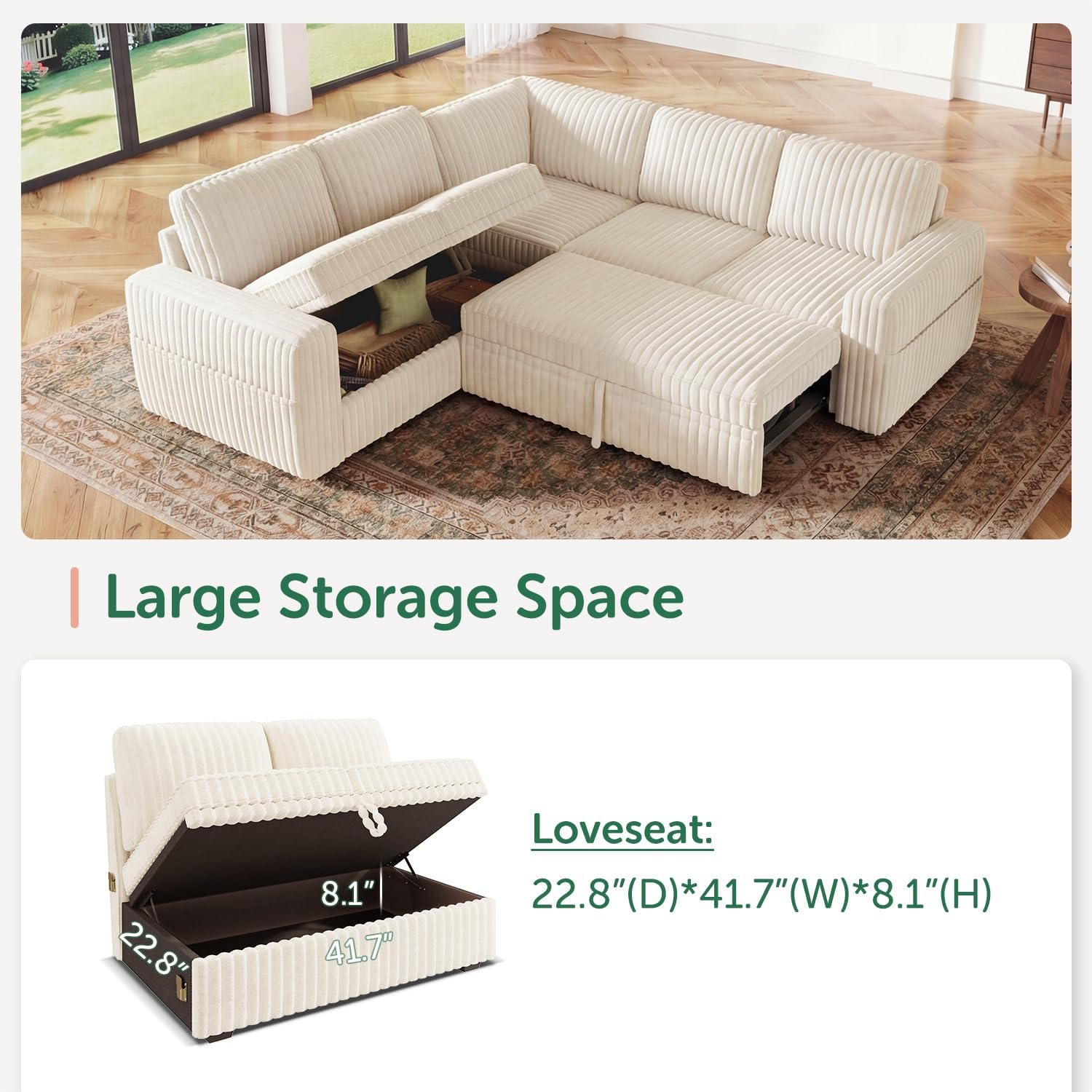 HONBAY Modular Sectional Sleeper Sofa with Pull Out Bed,Corduroy L Shaped Couch with Storage, Sectional Couches for Living Room,Beige