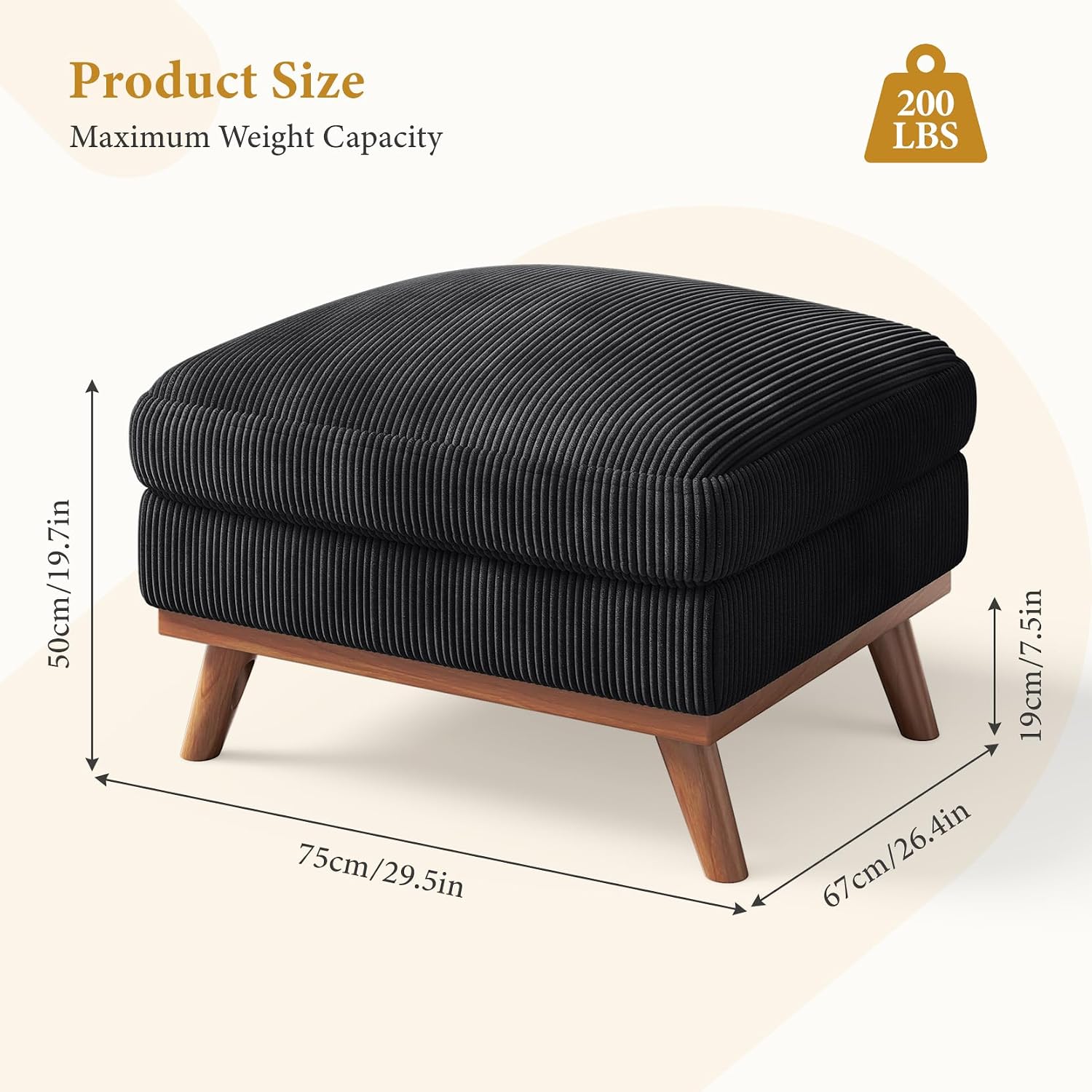 Vesgantti Large Ottoman for Modular Sofa, 29.5' Corduroy Ottoman with Spring Cushion, Rectangle Foot Rest for Couch, Entrance Footstool with Wood Legs, Footstool for Living Room, Bedroom, Black