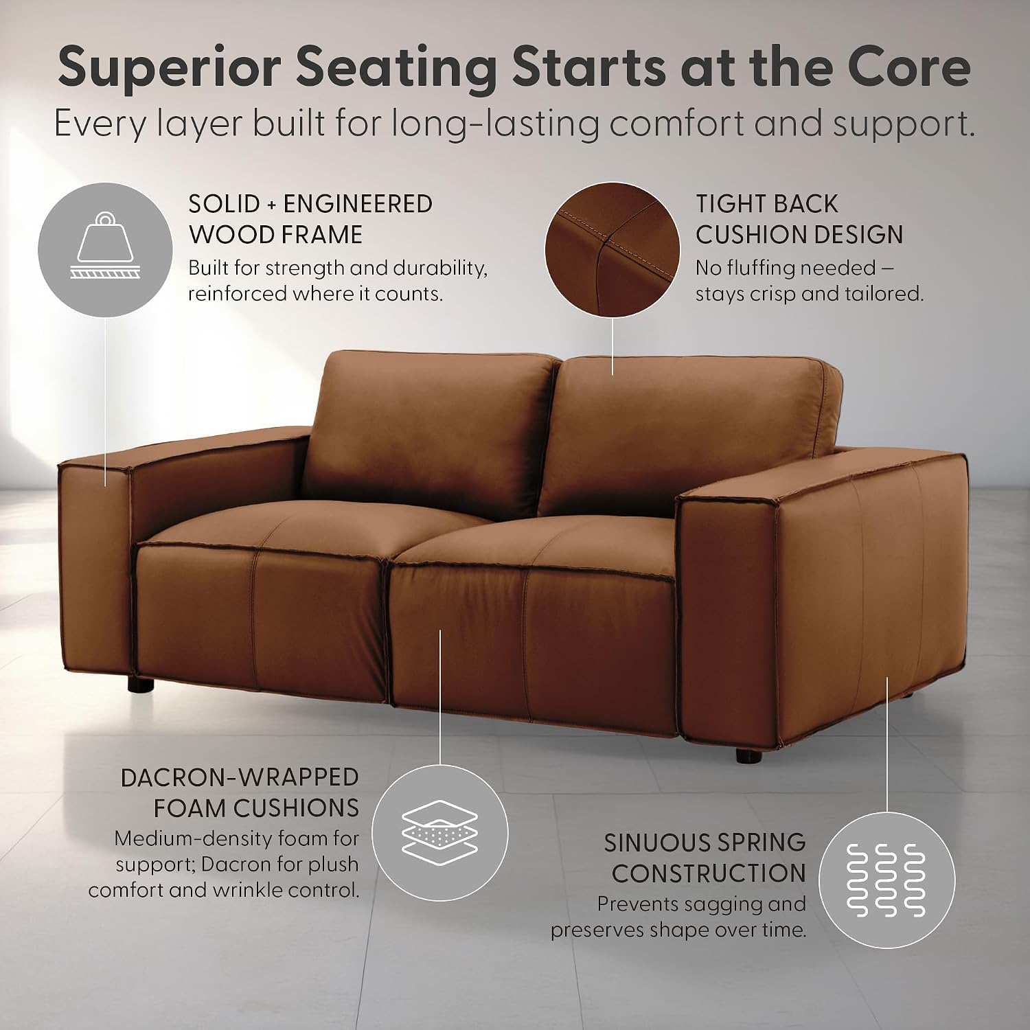 Clayton 76' Modern Leather Loveseat in Anthracite Gray or Ochre with Track Arms