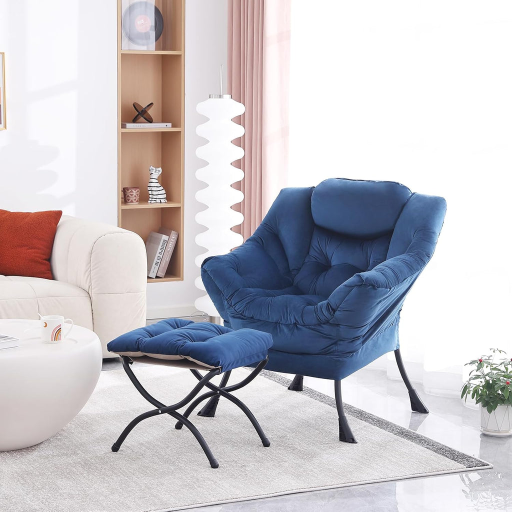 MBOOYOME Lazy Chair with Folding Ottoman, Modern Accent Armchair with Armrests and a Side Pocket & Foldable Footstool, Reading Chair for Living Room, Bedroom, Dorm & Office, Royal Blue