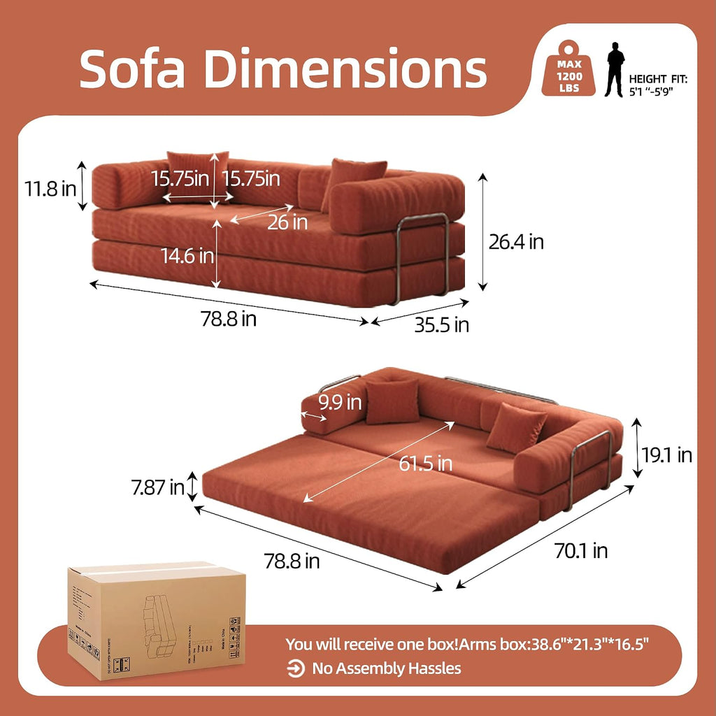 5-in-1 Folding Convertible Sofa Bed, Loveseat Sleeper with Pull-Out Bed, Floor Sofa Modular Futon Couch, 79' Oversized Corduroy Upholstered Boneless Couch for Living Room, Bedroom, Lounge, Orange-A