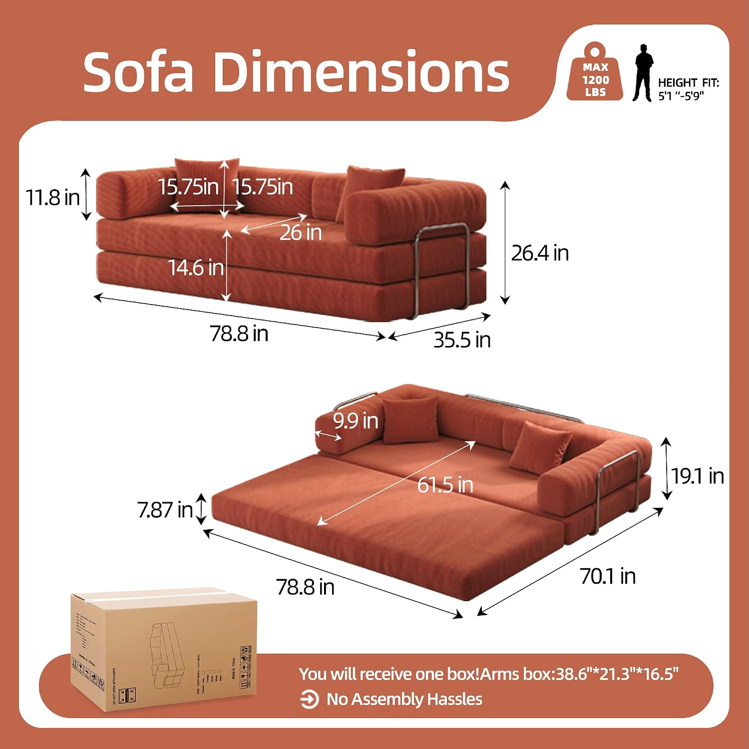 5-in-1 Folding Convertible Sofa Bed, Loveseat Sleeper with Pull-Out Bed, Floor Sofa Modular Futon Couch, 79' Oversized Corduroy Upholstered Boneless Couch for Living Room, Bedroom, Lounge, Orange-A