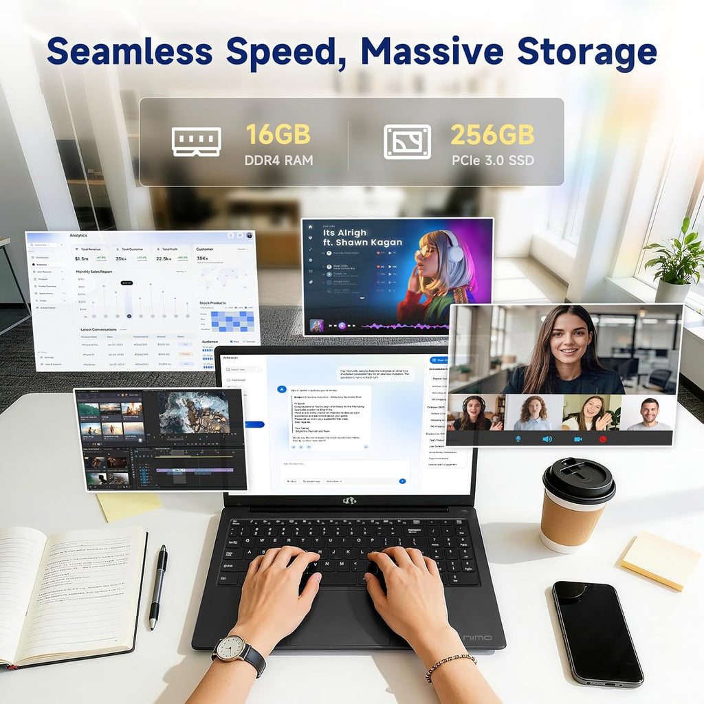 NIMO 15.6 Inch FHD Student Laptop, 16GB RAM 256GB SSD Intel 4-Core (Beat i3-10110U, Up to 3.6GHz), 65W Type-C, Backlit Keyboard, Fingerprint, Wi-Fi 6& Bluetooth 5.3 for Efficient Business Home Office