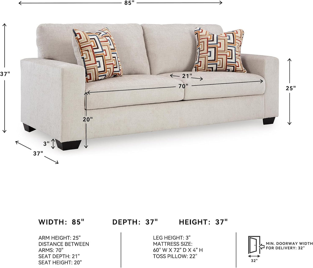 Signature Design by Ashley Aviemore Coastal Sofa Sleeper with Folding Memory Foam Mattress and 2 Accent Pillows, Queen, Beige