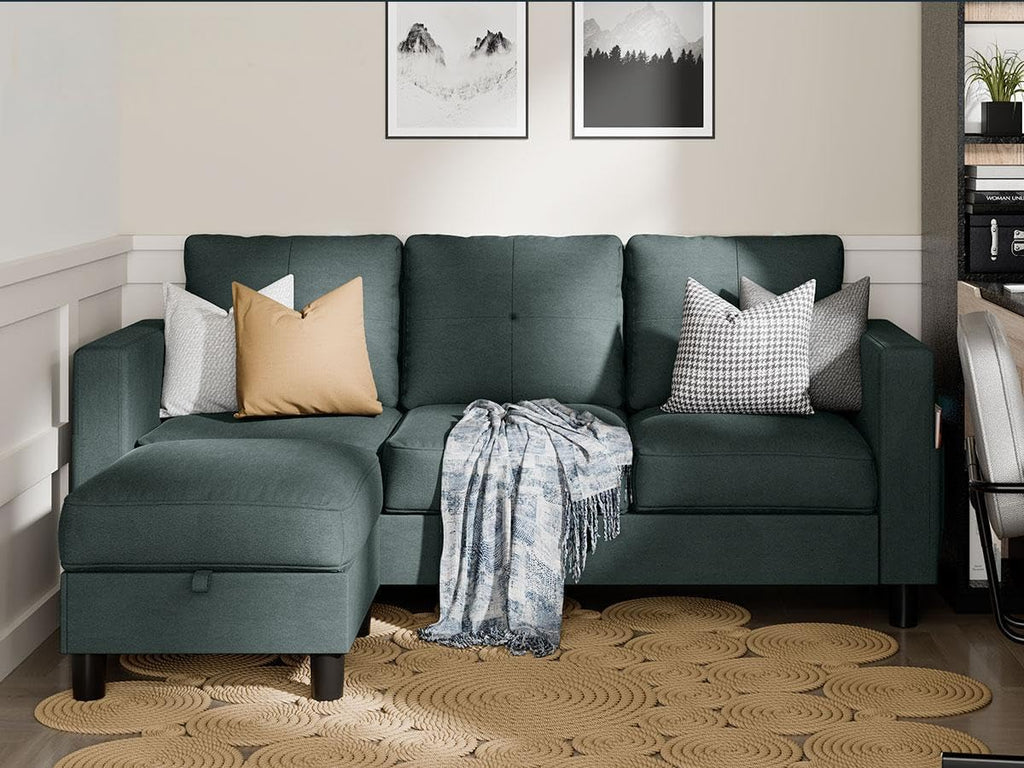 SUNLEI Convertible L-Shaped Sectional Couches for Living Room, Space-Saving 3-Seat Couch for Small Apartments & Living Rooms, Linen Fabric, Grey | L-Shaped