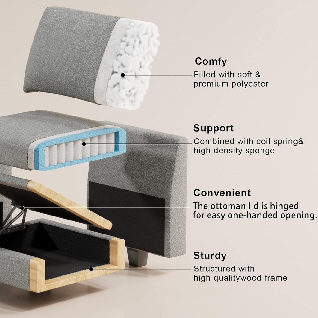 Belffin Fabric Large Ottoman with Storage for Modular Sectional Couch. Light Grey.