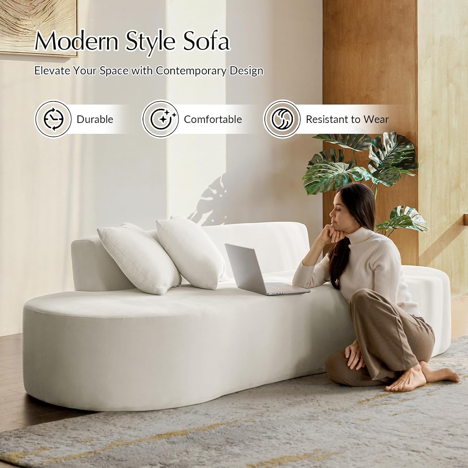 HULALA HOME 94.5' Curved Boneless Couch with Two Pillows, Oversized 3 Seater Compressed Foam Sofa with Deep Seat, Modern Cloud Couch for Living Room, No Assembly Required, Ivory