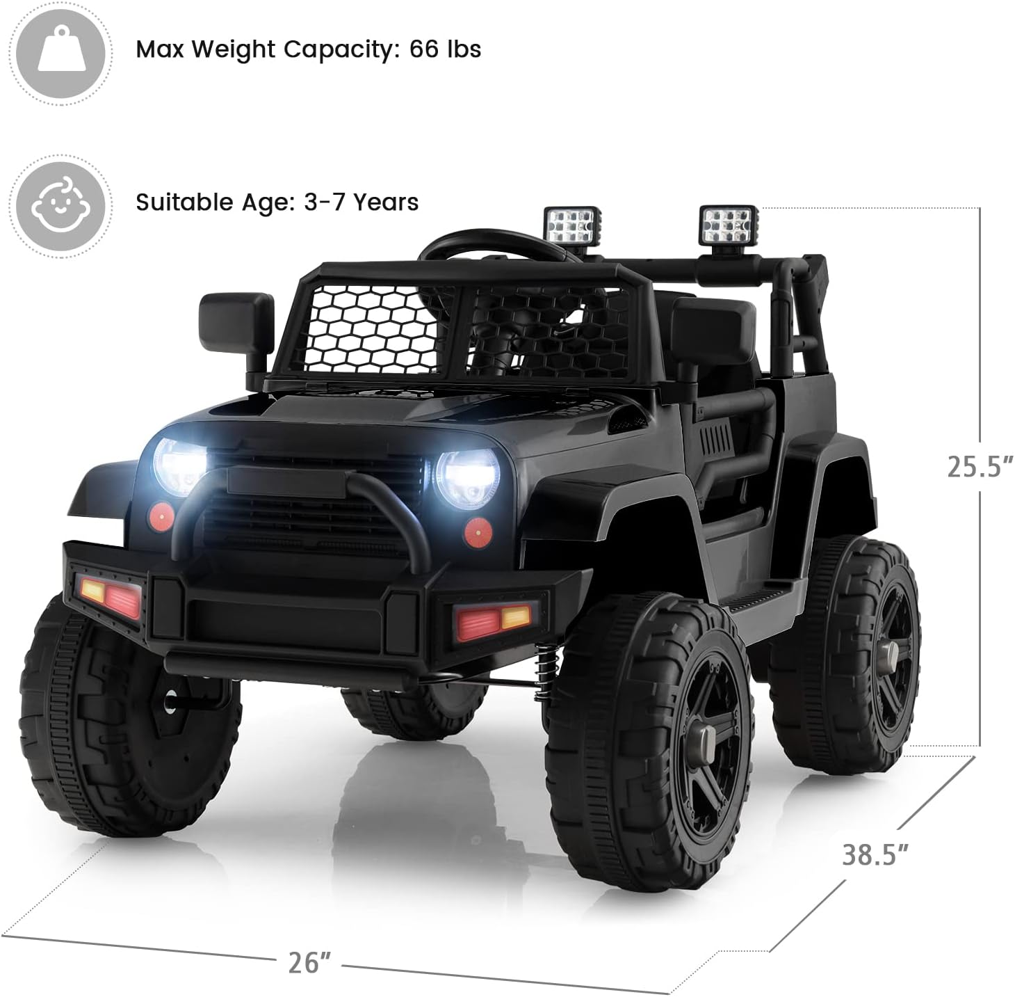 OLAKIDS Kids Ride On Truck, 12V Electric Vehicle Jeep Car with Remote Control, Toddlers Battery Powered Toy with 2 Speeds, Spring Suspension, Double Open Doors, LED Lights, Music, TF, USB, Mp3 (Black)