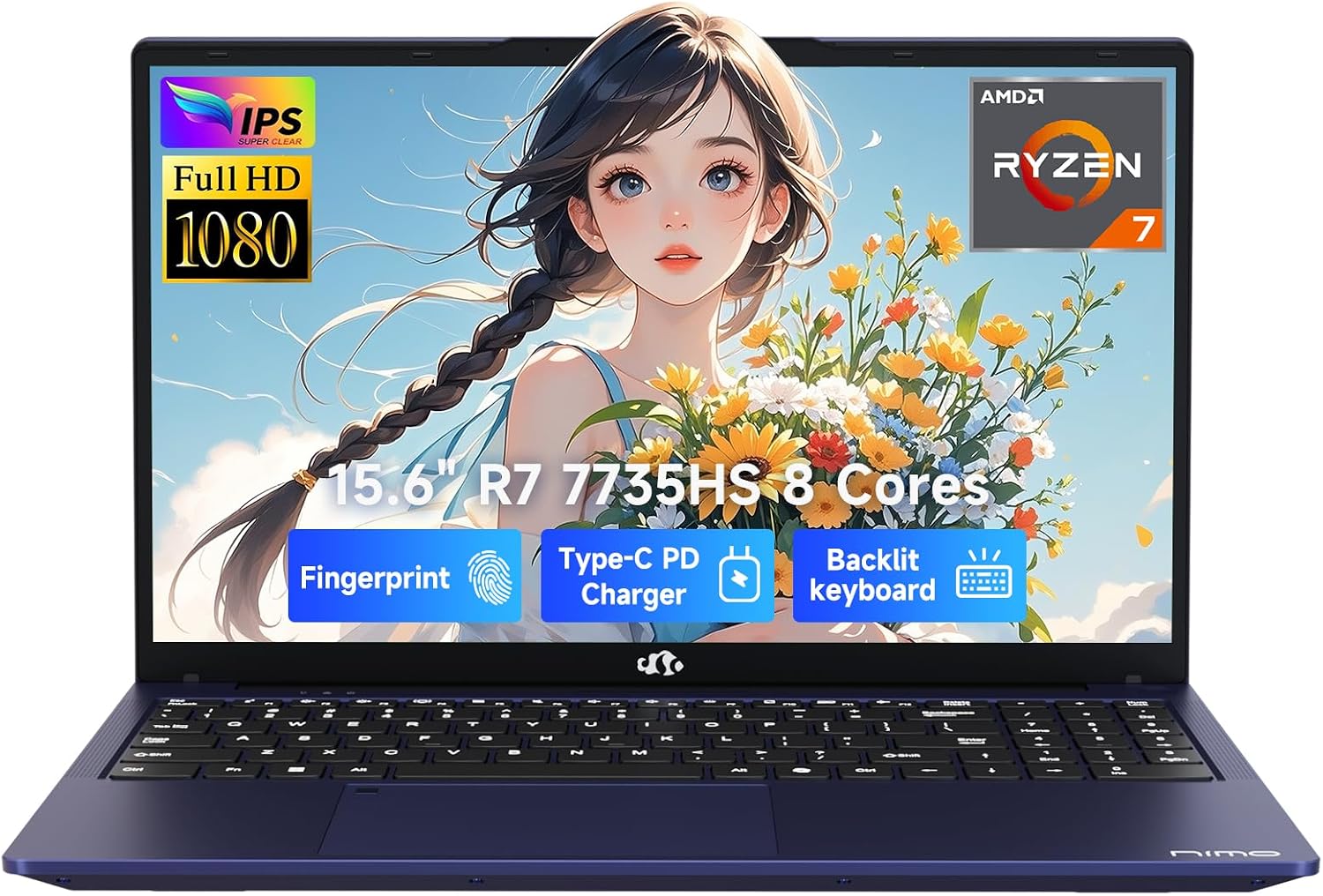 NIMO 15.6' IPS FHD-Gaming-Laptop, AMD Ryzen 7 7735HS 16GB DDR5 RAM 512GB SSD (8C/16T, Up to 4.75GHz) Computer Laptop with Radeon 680M Graphics 100W Type-C Backlit Keyboard Fingerprint