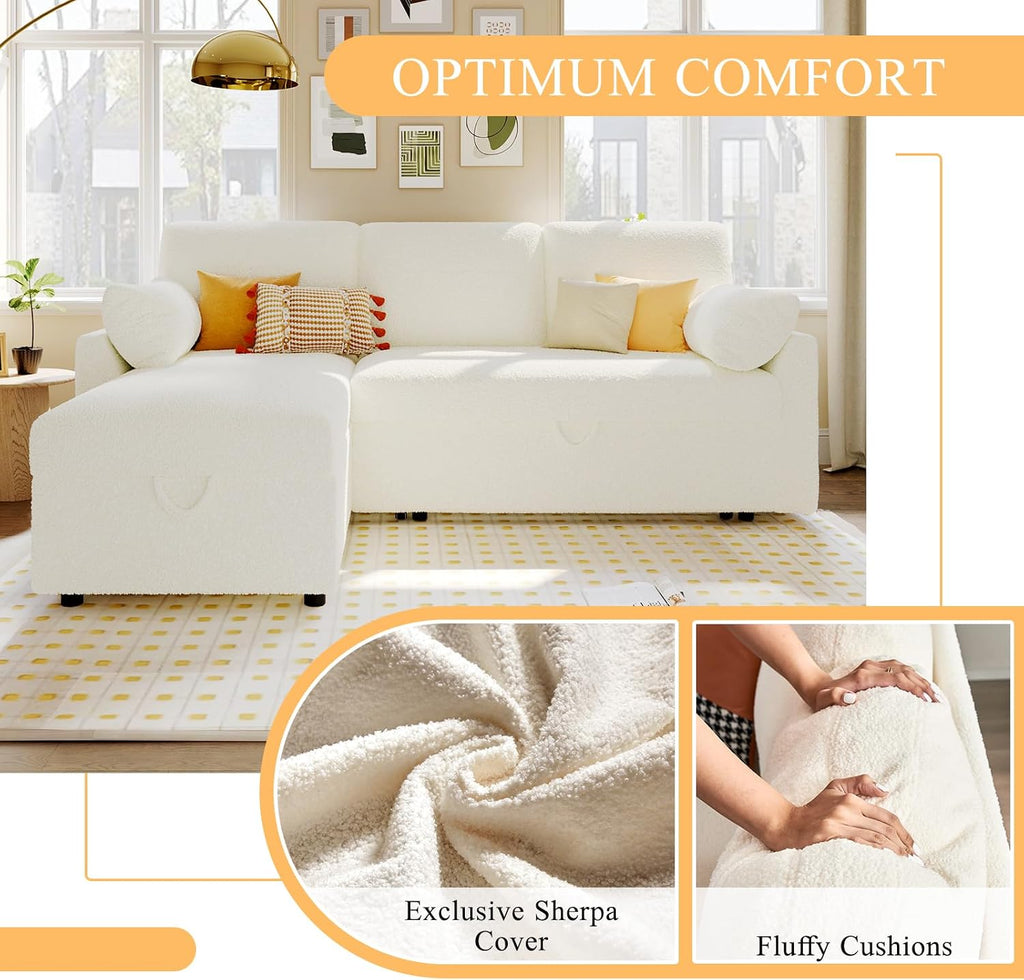 VanAcc Sofa Bed, Sleeper Sofa- 2 in 1 Pull Out Couch Bed with Storage Chaise for Living Room, White Sherpa
