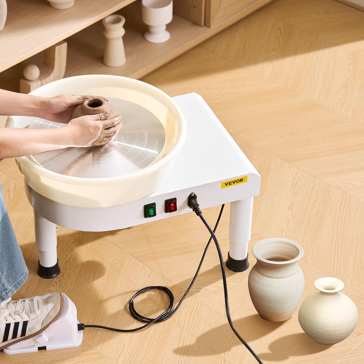 VEVOR 14in/35cm Pottery Wheel for Adults, 0-6in Lift-Table 450W Professional Pottery Kit with Foot Pedal Detachable Basin DIY Art Clay Potter's Wheel for Kids Adults Beginners at Home Pottery, White