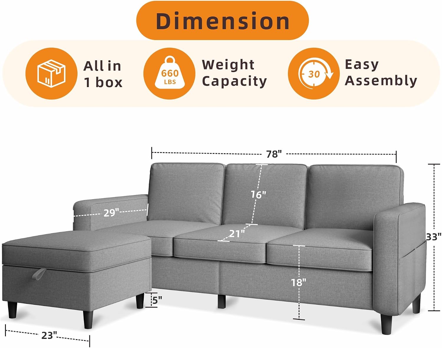 78' Sectional Sofa Couches for Living Room, Convertible L Shaped Couch with Storage Ottoman, Deep Seat Pet-Friendly Linen Fabric Sofa Set for Small Space, Apartment, Dorm