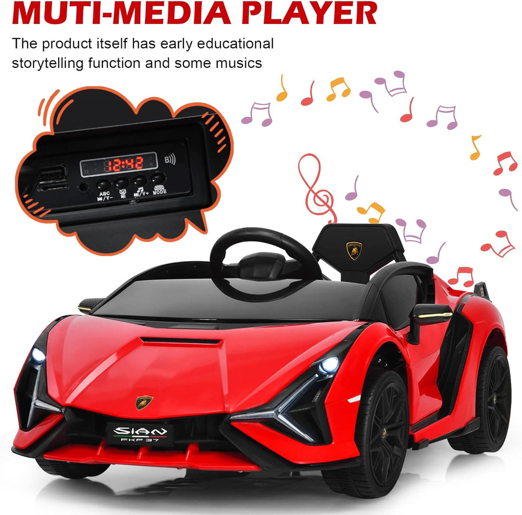 INFANS 12V Licensed Lamborghini Sian Kids Ride On Car with Parent Remote Control, Spring Suspension, MP3 Player, Electric Toy Roadster Carbon Fiber Textured for Toddler (Red)