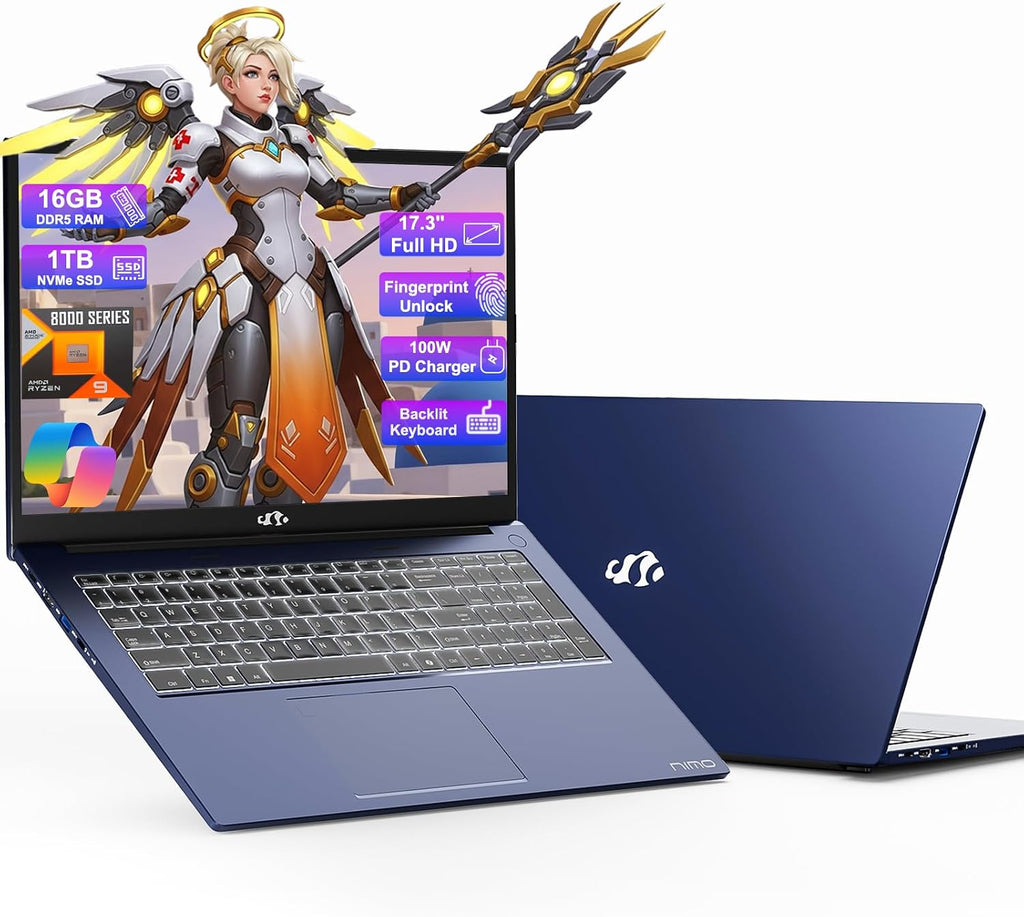 NIMO 17.3 Gaming-Laptop Ryzen 9 8945HS (>i9-13900H) 16GB RAM, 1TB SSD, Radeon 780M, PD 100W USB-C 4.0 AI-Enhanced for Copilot VR Ready, Backlit KB Fingerprint Unlock, Gaming Student Office Business