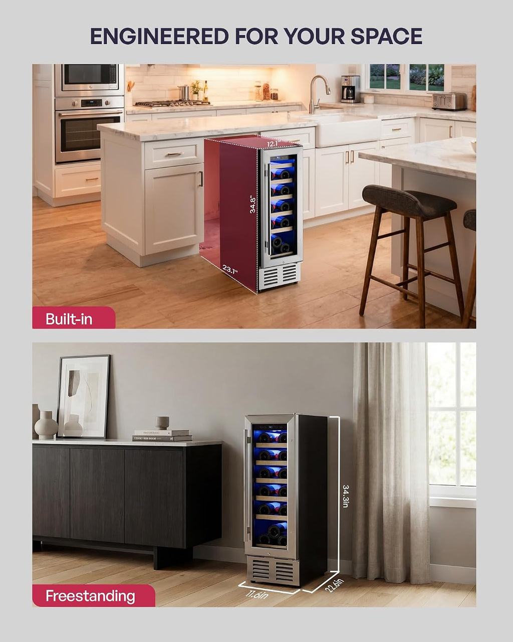 Icyglee 12 inch Wine Cooler Refrigerator, 18 bottle Wine Fridge Built-in or Freestanding with Double-Layer Tempered Glass Door, Mini Fridge with Digital Temp Control & Fast Cooling, Low Noise