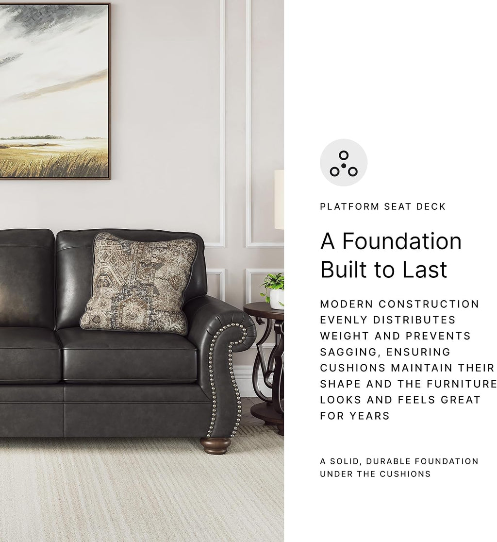Signature Design by Ashley Shadsburne Rustic Faux Leather Sofa with Nailhead Trim and 2 Chenille Throw Pillows, Pillows with Soft Polyfill, Reinforced Frame for Added Stability, Black