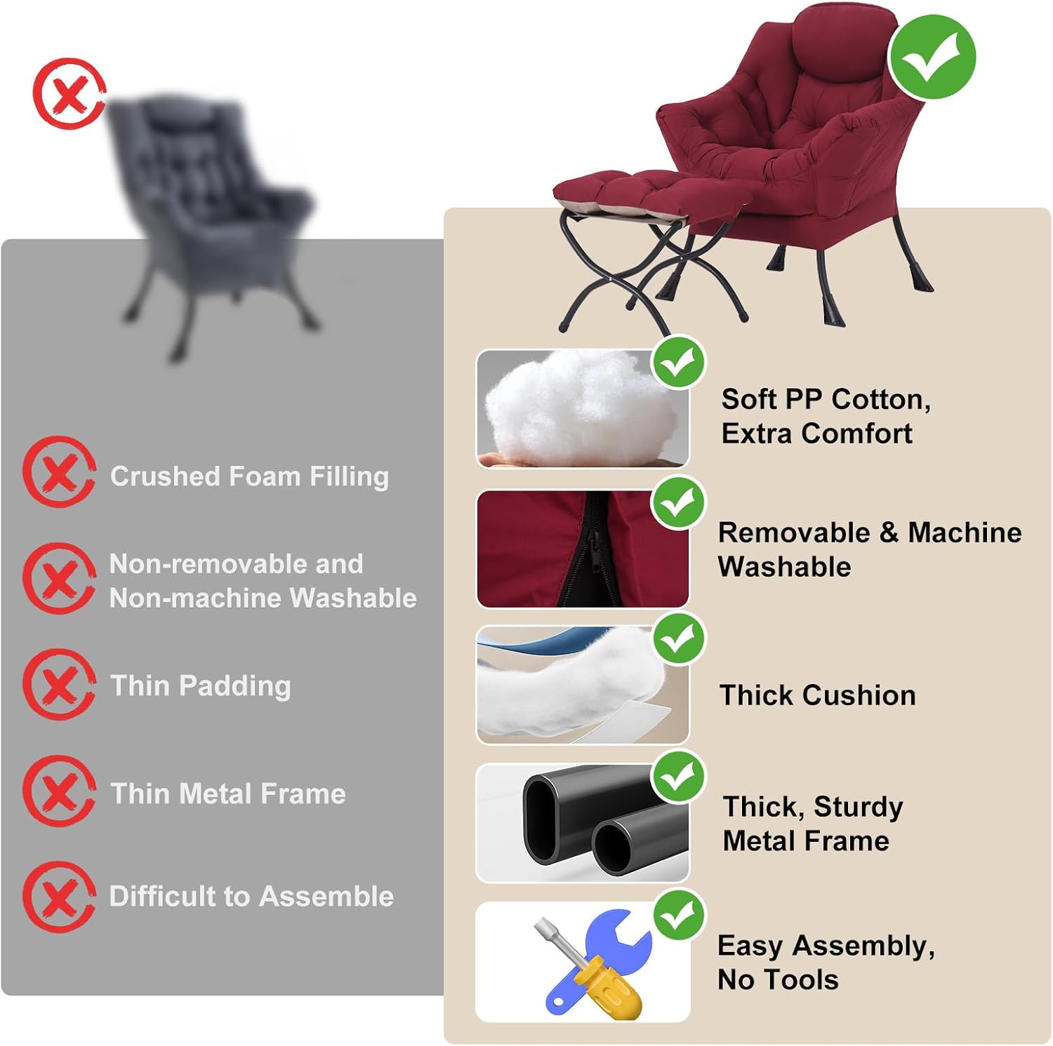 Furlide Lazy Chair with Ottoman, Modern Accent Chairs with Folding Footrest, Burgundy Sofa Chair Set, Comfortable Reading Chairs, Oversized Armchairs for Bedroom, Study, Living Room, Courtyard