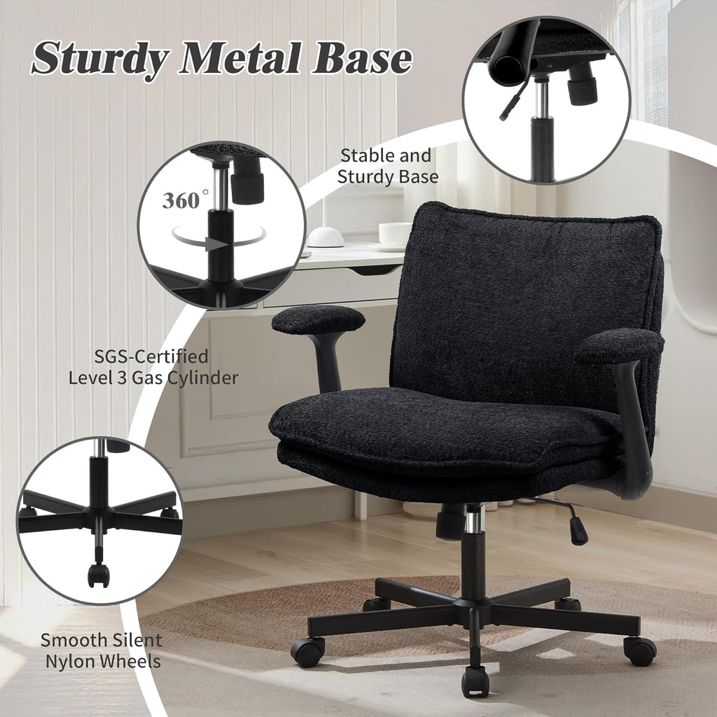 Kassipo Criss Cross Legged Office Chair with Wheels and Flip-Up Arms, Upholstered Criss Cross Desk Chair, Wide Seat Chairs for Home Office, Vanity, Apartment, Black