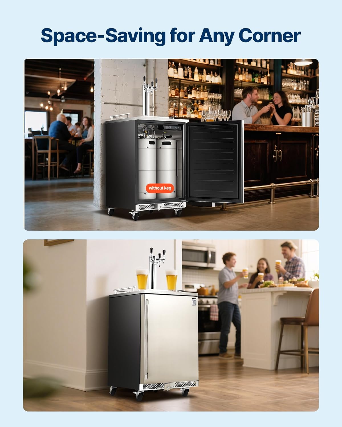 VEVOR Beer Kegerator, Triple Tap Commercial Draft Beer Dispenser for D system, Full Size Keg Refrigerator with 5lbs CO2 Tank, Hold 3 Sixth/2 Slim/3 Ball lock keg (3 taps - D system - stainless steel)