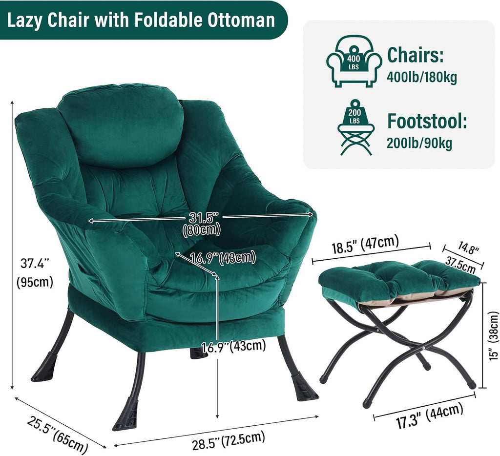 Furlide Lazy Chair with Ottoman, Modern Accent Chairs with Folding Footrest, Velvet Dark Green Sofa Chair Set, Reading Chairs, Oversized Armchairs for Bedroom, Study, Living Room, Courtyard