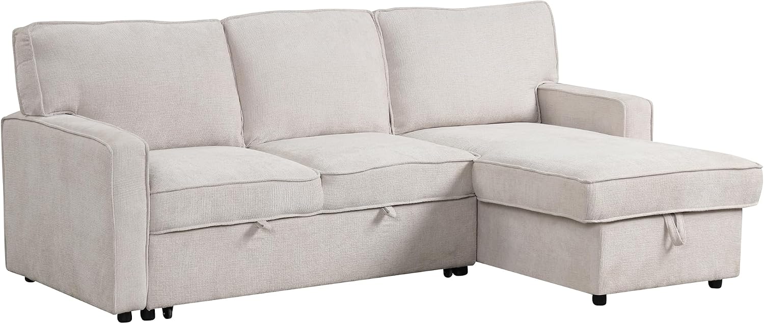 LUMISOL 89' Convertible Sleeper Sofa Bed, Modern L-Shaped Sectional Sofa with Reversible Storage Chaise, Chenille Pull Out Couch with Cup Holders & USB Charging Station for Living Room, Beige