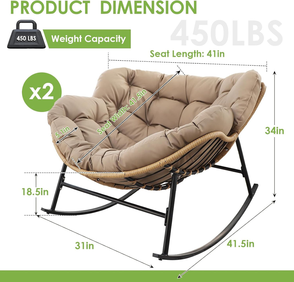 RADIATA 2 PCS Papasan Rocking Egg Chair, Indoor Outdoor Oversized Lounge Chair with Cushion, Double Wicker Rattan Rocker Loveseat, 450 lbs Capacity Outside Funiture for Patio Porch Livingroom Brown