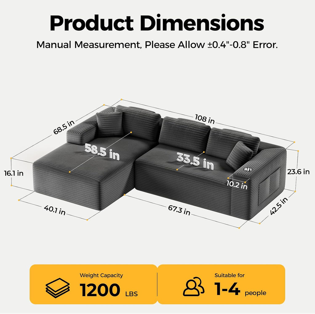 CAMMOO 108' Cloud Sectional Couch in One Box, Compressed Modular Sectional Sofa with Deep Seat, Corduroy Boneless Couches, L-Shaped Sofa for Living Room, 4 Storage Pockets(Left Facing Chaise, Grey)
