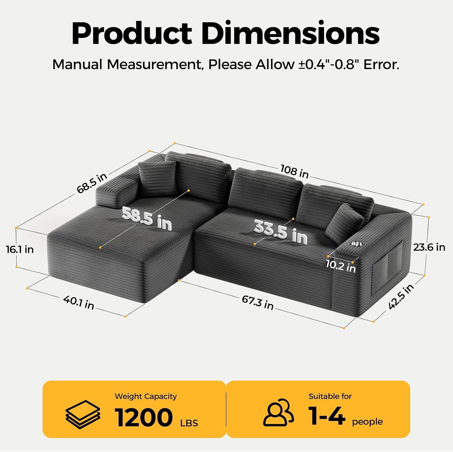 CAMMOO 108' Cloud Sectional Couch in One Box, Compressed Modular Sectional Sofa with Deep Seat, Corduroy Boneless Couches, L-Shaped Sofa for Living Room, 4 Storage Pockets(Left Facing Chaise, Grey)