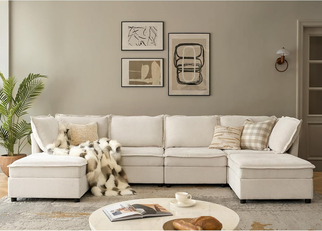HULALA HOME 127'' Modular Sectional Sofa, Oversized U Shaped Couch with Storage Ottoman, Comfy Chenille Sofa with Deep Seat, 6 Seat Convertible Couches for Living Room, Beige
