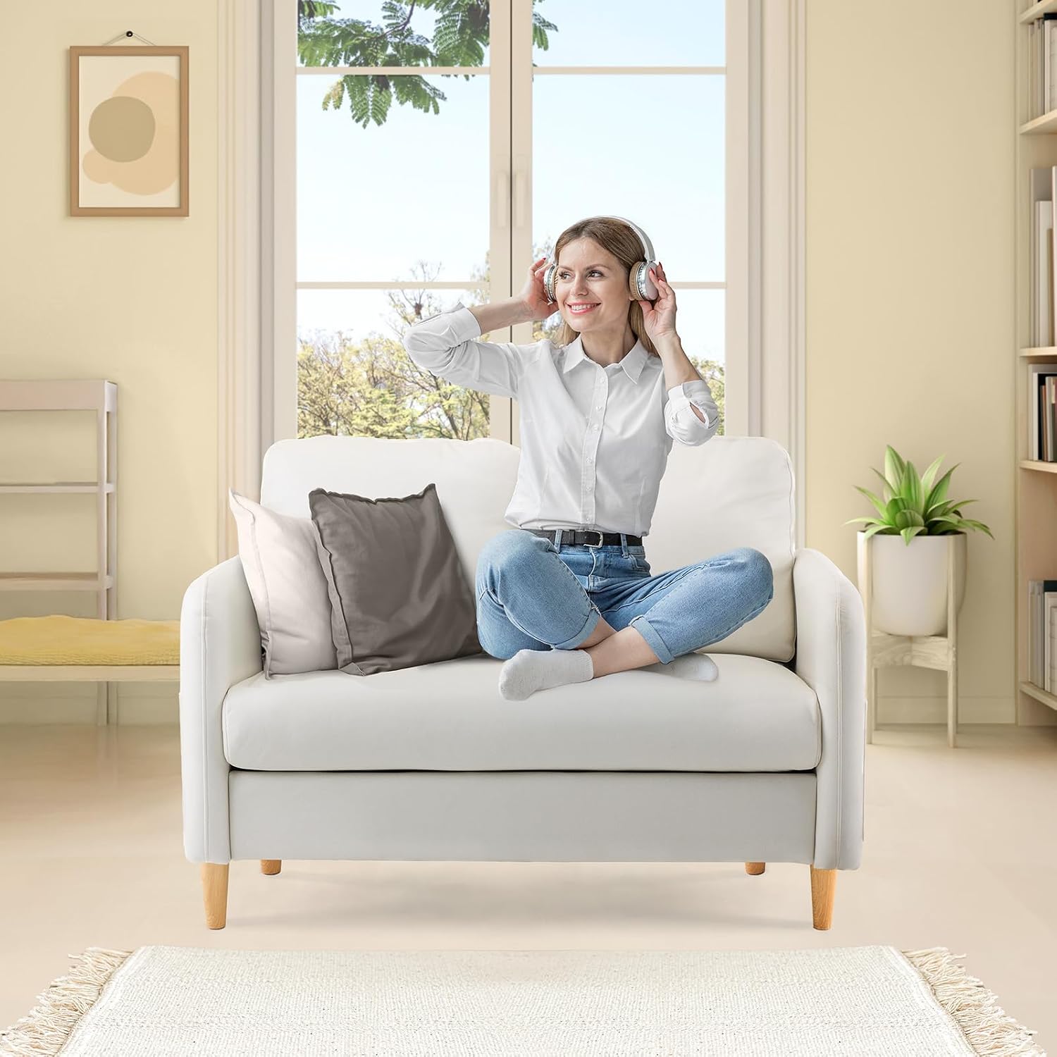 VINGLI 47' Small Couch, Beige Loveseat Mini Couch Mid Century Modern Decor Love Seat for Small Spaces Living Room, Bedroom, Play Room