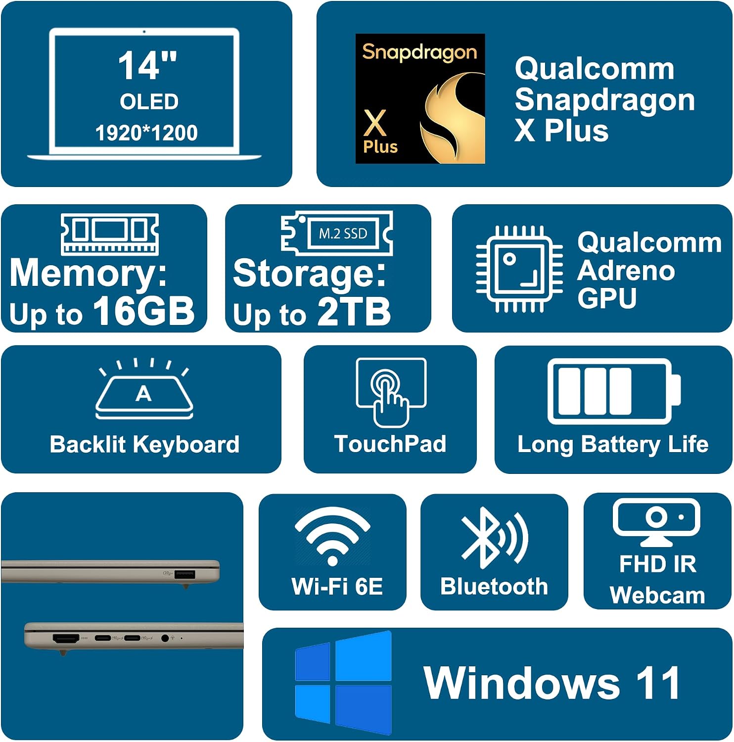 ASUS Zenbook A14 Laptop 14' WUXGA OLED (100% DCI-P3, 600nits HDR) Qualcomm 8-core Snapdragon X Plus (Up to 45 Tops) 16GB RAM 512GB SSD for Creator Business Professional Win11 ICP Hub