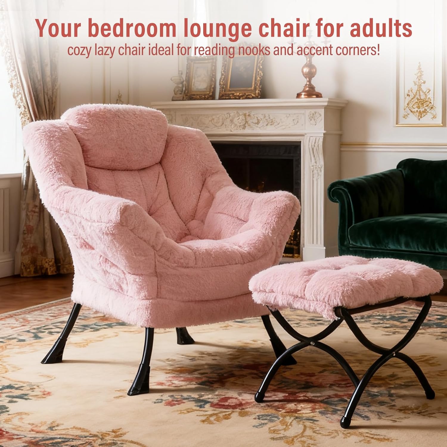 Furlide Lazy Chair with Ottoman, Modern Accent Chair with Armrests and a Side Pocket, Plush Pink Accent Chairs, Reading Chairs, Oversized Armchairs for Bedroom, Study, Living Room, Courtyard