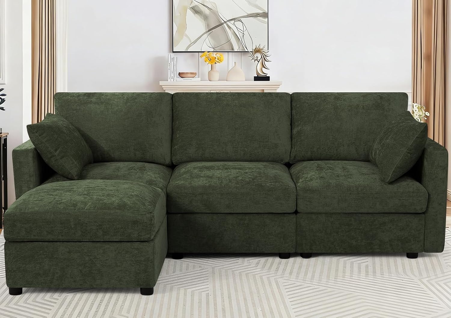 84' Chenille 3 Seats Sofa W/Movable Ottoman, Modern Fabric L Shaped Couch w/Soft Backrest, Upholstered Sectional Sofa with Armrest Pillows for Living Room, Office, Green