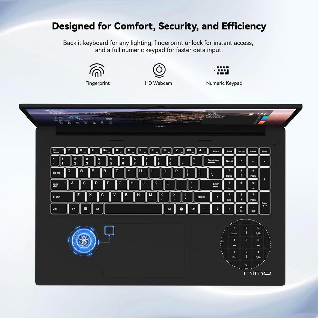 NIMO 15.6' FHD-IPS-Business-Laptop, 8 Cores Intel i5-12450H 16GB RAM 1TB SSD Backlit Keyboard Computer, 100W Type C Fingerprint WiFi 6 Numpad Win 11 Black