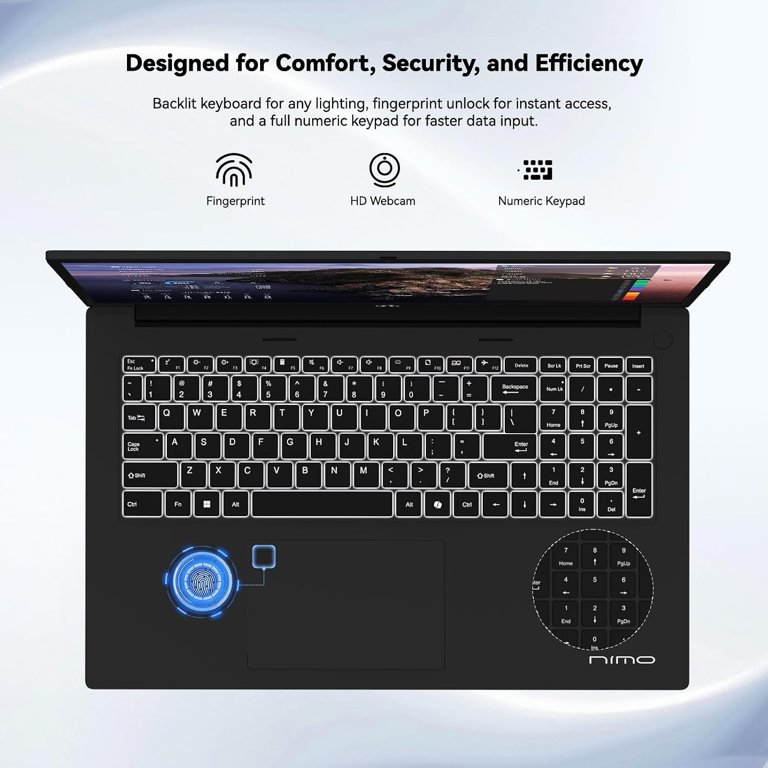 NIMO 15.6' FHD-IPS-Business-Laptop, 8 Cores Intel i5-12450H 16GB RAM 1TB SSD Backlit Keyboard Computer, 100W Type C Fingerprint WiFi 6 Numpad Win 11 Black