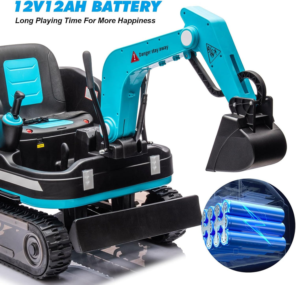 JOYLDIAS 360 Degree Rotating Ride On Excavator and Bulldozer,12V12AH Battery Powered Ride On Toy Backhoe W/Track Design Wheels for All Terrain,Remote Control,MP3,Toolbox for Kids,Parent,Blue