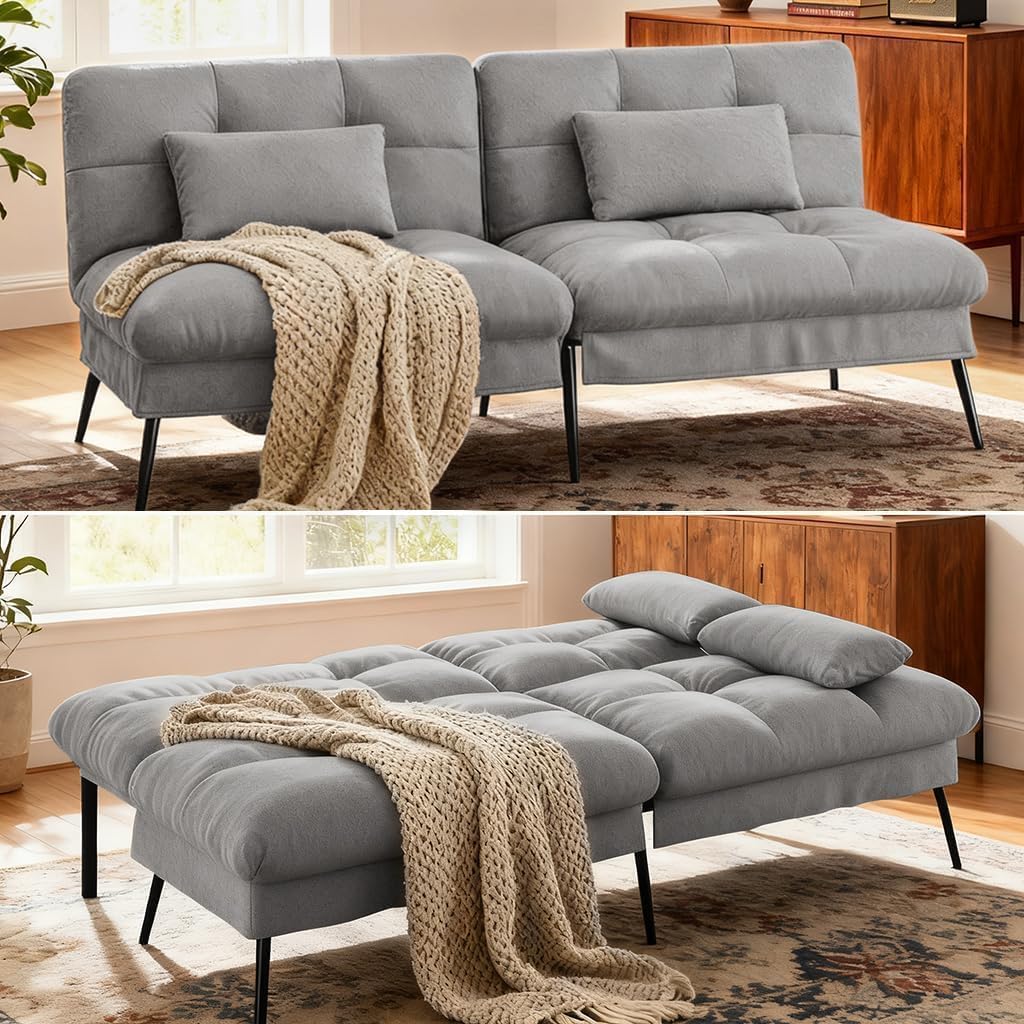 COMHOMA 72″ Futon Sofa Bed,Convertible Fabric Couch with Adjustable Backrest,Loveseat Recliner Sleeper Living Room Furniture futon Set (Grey)