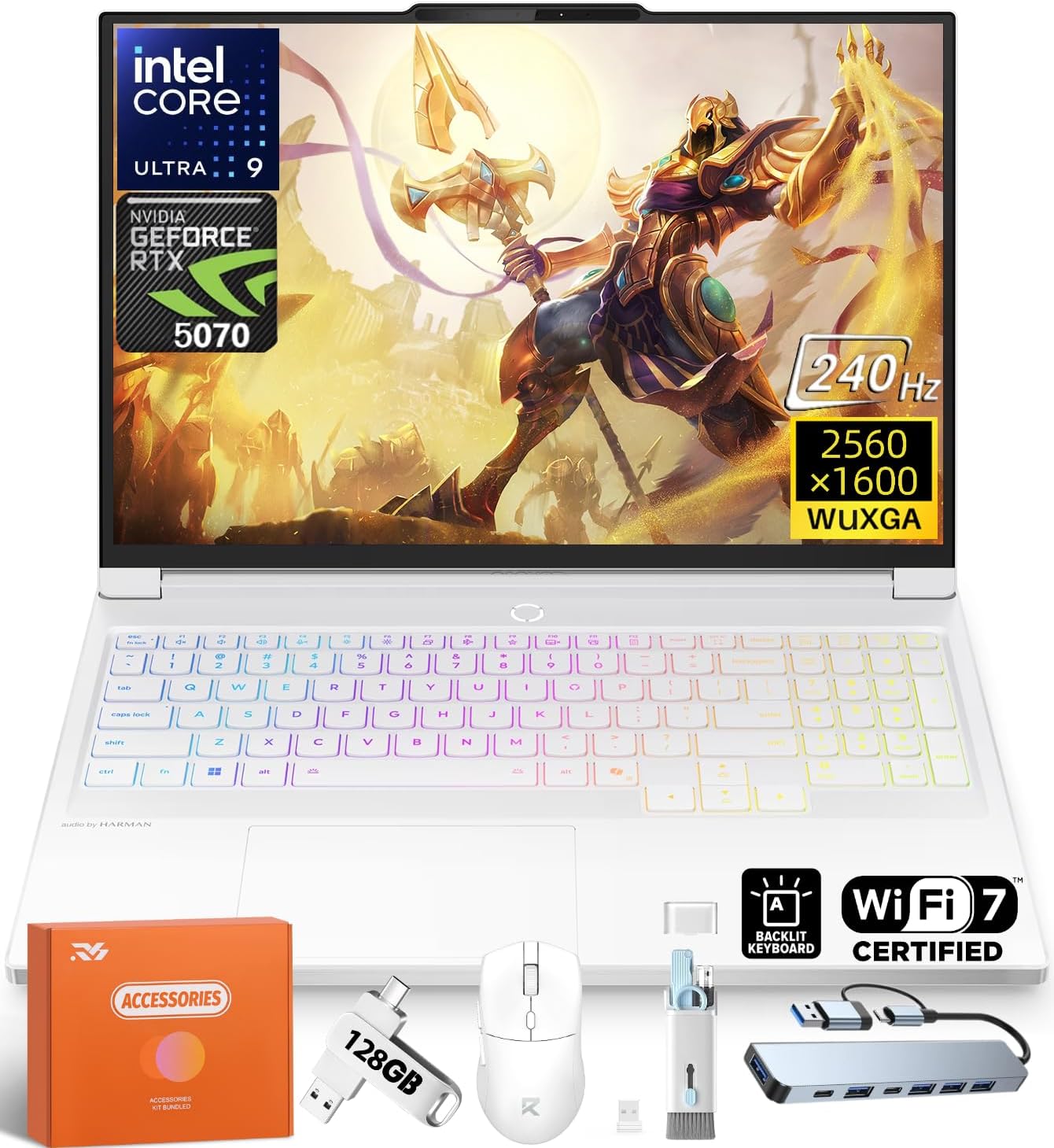 Lenovo Legion 7i 2025 Gaming Laptop, Intel Ultra 9 275HX (24 Cores), RTX 5070 8GB GDDR7, 16' 2.5K 240Hz 1ms 500nits Display, 64 GB DDR5 & 4 TB SSD, Wi-Fi 7, RGB Backlit KB, Glacier White, Accessories