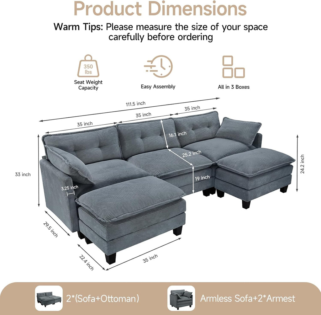 Amsleekey Modular Sectional Sofa, 111.5' U-Shaped Corduroy Comfy Sectional Couches for Living Room, 3-Seater Cloud Couches with 2 Movable Ottomans, Flexible Combination Modern Deep Seat Sofa (Grey)