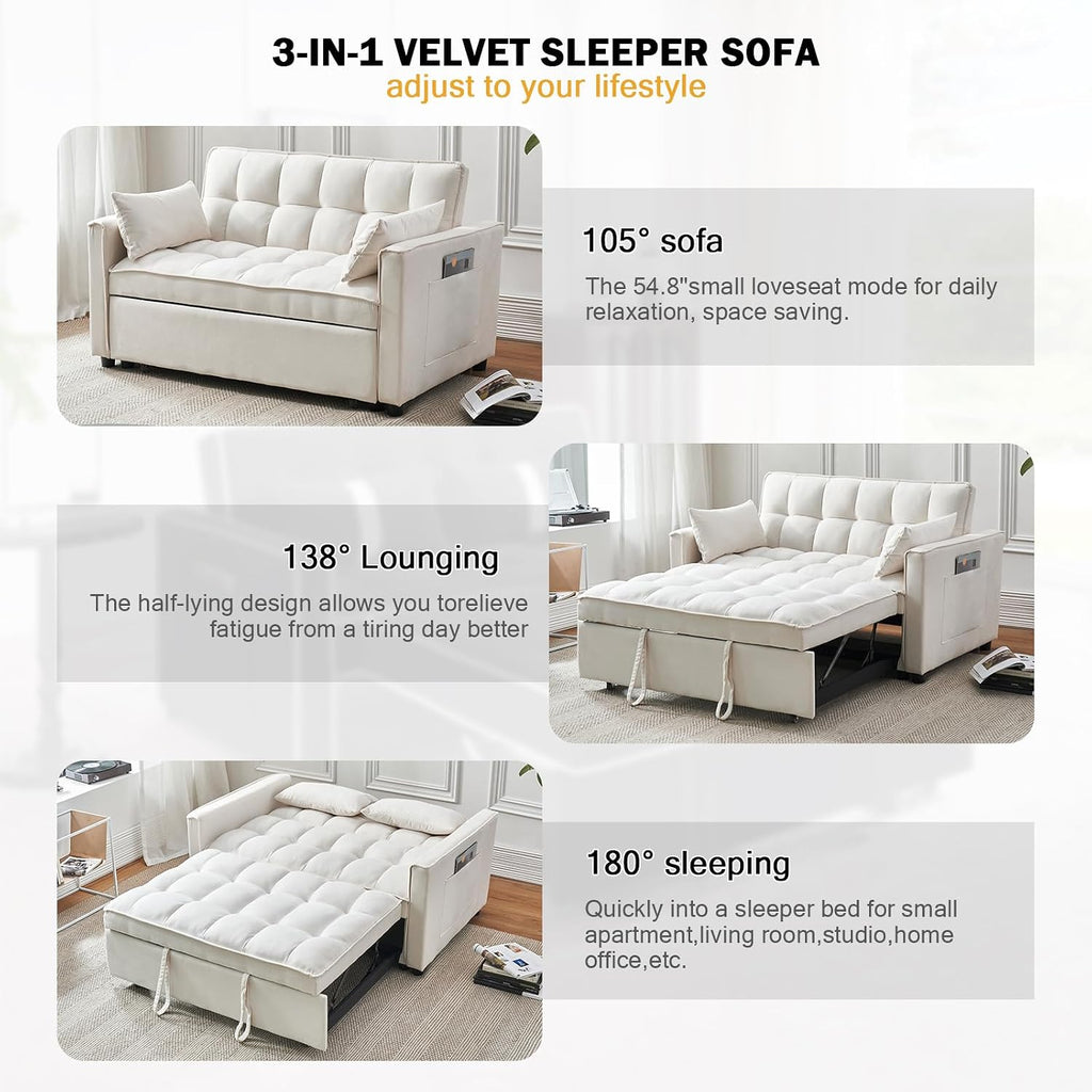 ECHINGLE Futon Sofa Bed, 3 in 1 Sleeper Sofa Couch Bed with Armrests, Storage Pockets and 2 Pillows, Adjustable Backrest, Sofa Bed Couch for Living Room, Bedroom, Office,Reading Room(Beige)