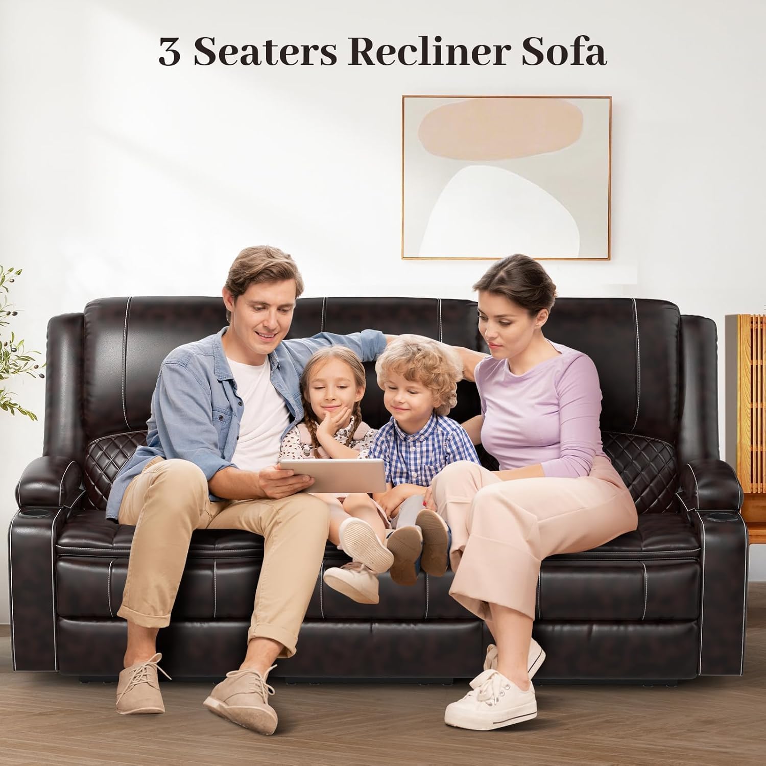 Yolsali 3-Seater Recliner Sofa, Manual Reclining Couch with Multi-Functional Middle Seat, Reclining Sofa for Living Room with Hidden Storage Space, Cup Holders, and Removable Console - PU Brown