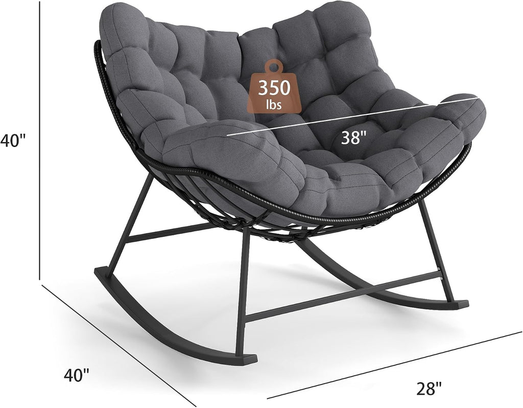 Wicker Papasan Chair Set of 2, Indoor OutdoorOversized Egg Chair Rocker, Comfy Patio Recliner with Modern Egg Style, Grey