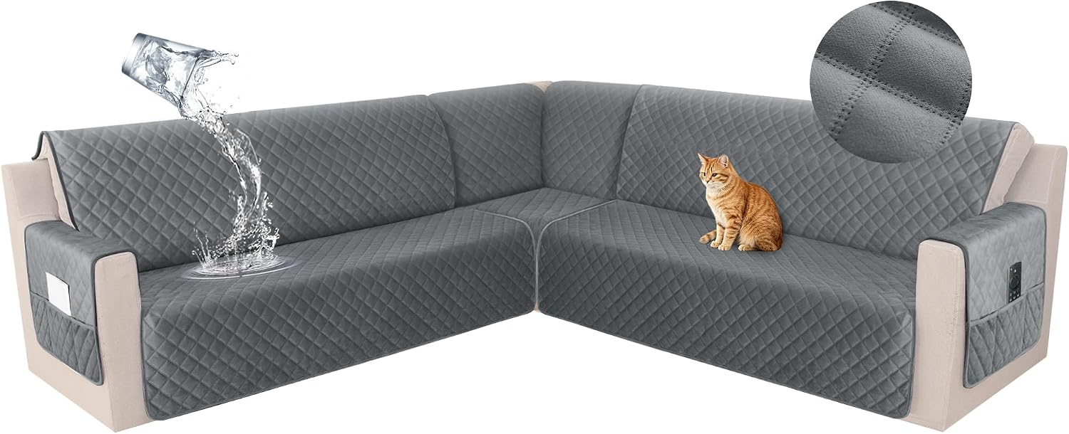 HDCAXKJ Waterproof Corner Sectional Couch Cover Velvet L Shape Sofa Covers for Pets Dogs Soft Heavy Duty U Shaped Sofa Slipcovers Sets for Sectional Non Slip Furniture Protector (Dark Gray, XX-Large)