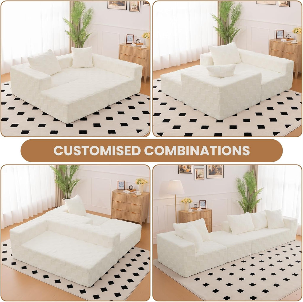 Modular Sectional Sofa, 108' L-Shaped Boneless Couch with Deep Seat, Corduroy Cloud Couch for Living Room, Bedroom, No Assembly Required, Ship in a Box, Checkered Beige