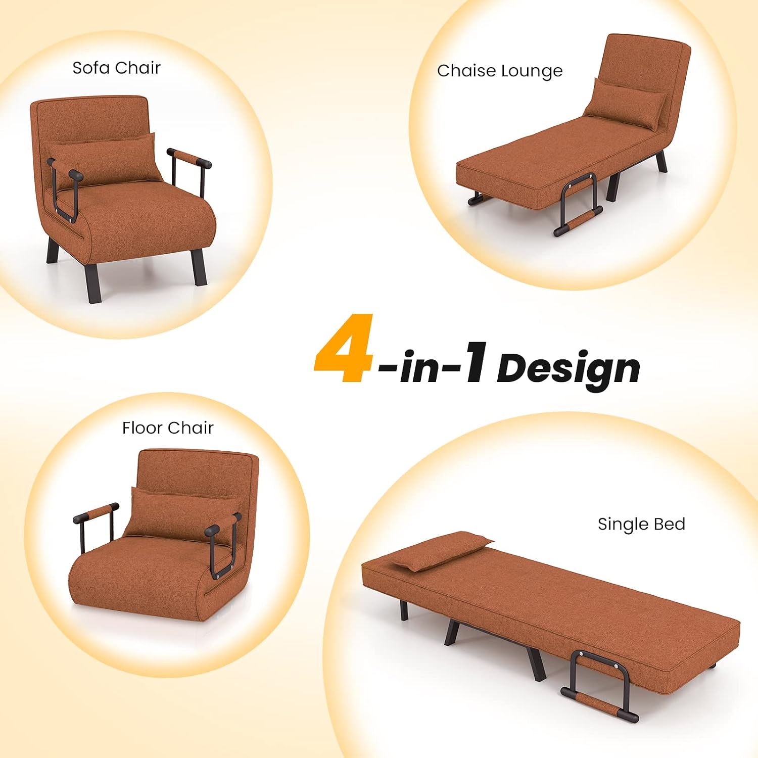 Giantex Convertible Sofa Bed, 4-in-1 Sleeper Chair with Pillow, Modern Recliner Guest Bed with 6 Position Adjustable Backrest, Metal Legs, Linen Fabric Armchairs for Nursery Living Room Office (Brown)