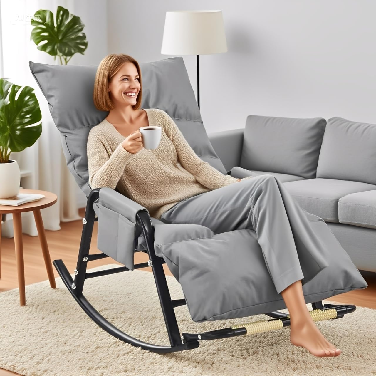 Outdoor Rocking Chair - Foldable Ottoman Glider Chair - 5-Way Adjustable Recliner Chair - Removable Waterproof Cushion ，for Porch,Patio,Garden, BalconyGrey,145 * 60 * 50cm